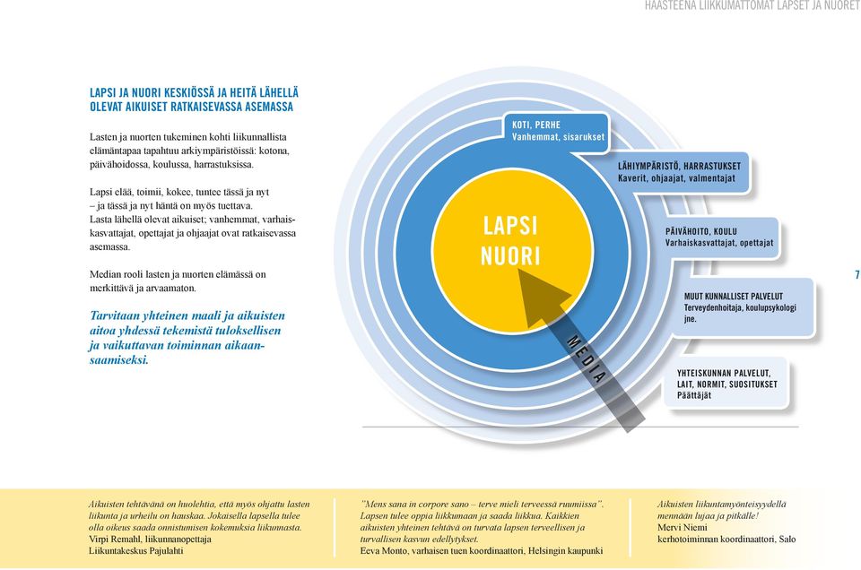 Lasta lähellä olevat aikuiset; vanhemmat, varhaiskasvattajat, opettajat ja ohjaajat ovat ratkaisevassa asemassa. Median rooli lasten ja nuorten elämässä on merkittävä ja arvaamaton.