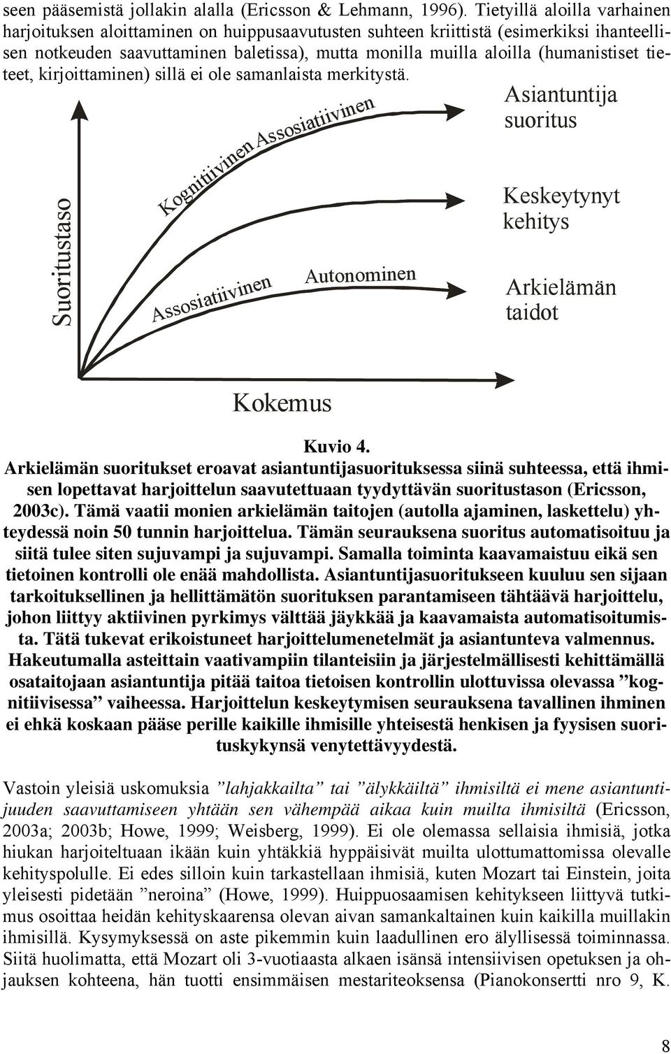 tieteet, kirjoittaminen) sillä ei ole samanlaista merkitystä. Kognitiivinen Assosiatiivinen Asiantuntija suoritus Keskeytynyt kehitys Assosiatiivinen Autonominen Arkielämän taidot Kokemus Kuvio 4.