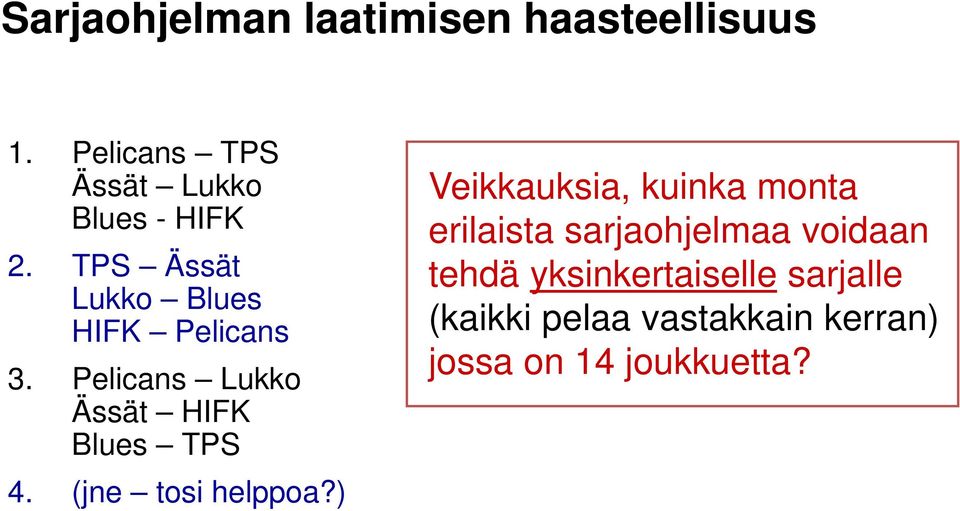 Pelicans Lukko Ässät HIFK Blues TPS 4. (jne tosi helppoa?