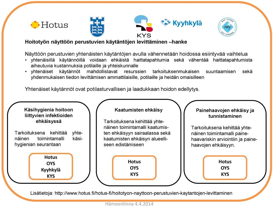 yhdenmukaisen tiedon levittämisen ammattilaisille, potilaille ja heidän omaisilleen Yhtenäiset käytännöt ovat potilasturvallisen ja laadukkaan hoidon edellytys.