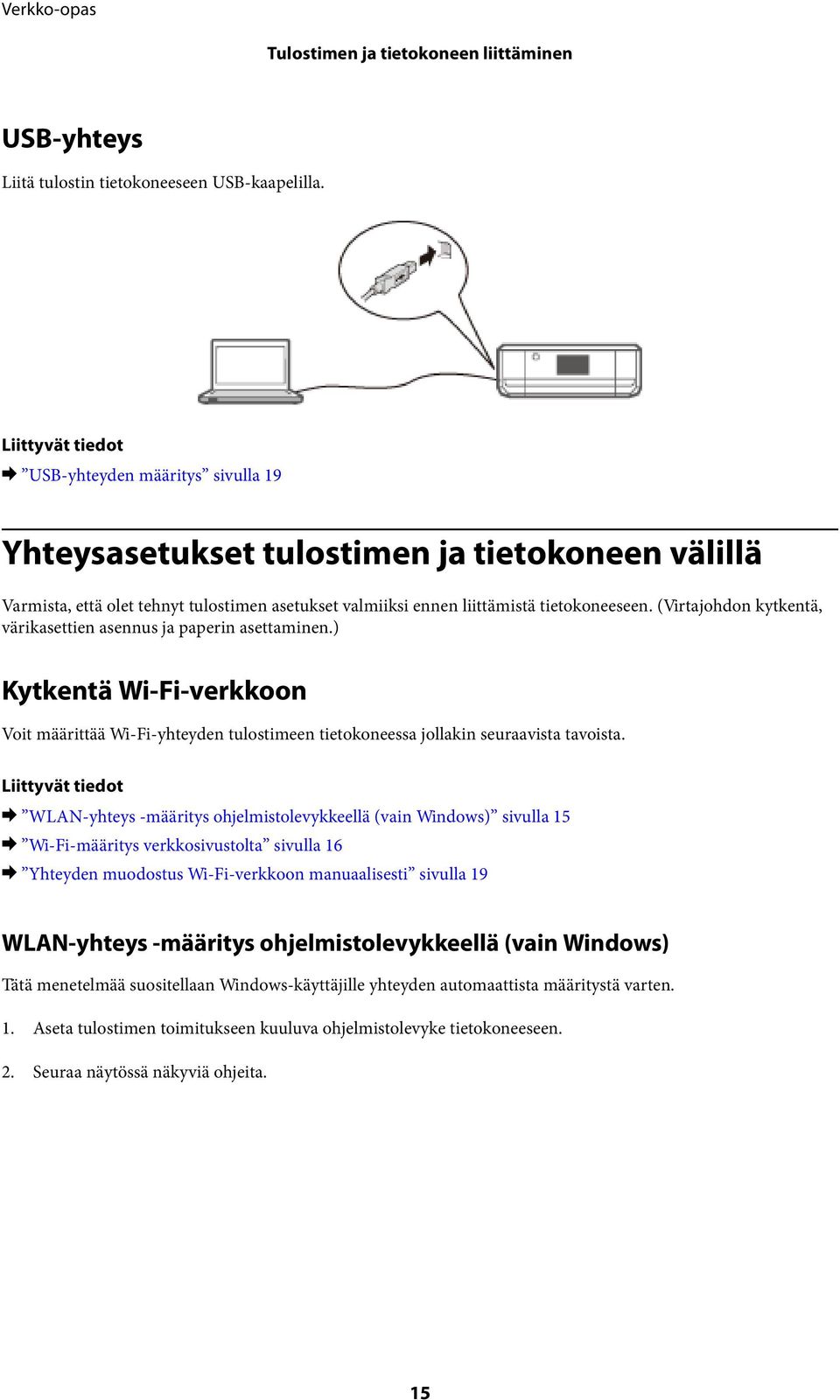 (Virtajohdon kytkentä, värikasettien asennus ja paperin asettaminen.) Kytkentä Wi-Fi-verkkoon Voit määrittää Wi-Fi-yhteyden tulostimeen tietokoneessa jollakin seuraavista tavoista.