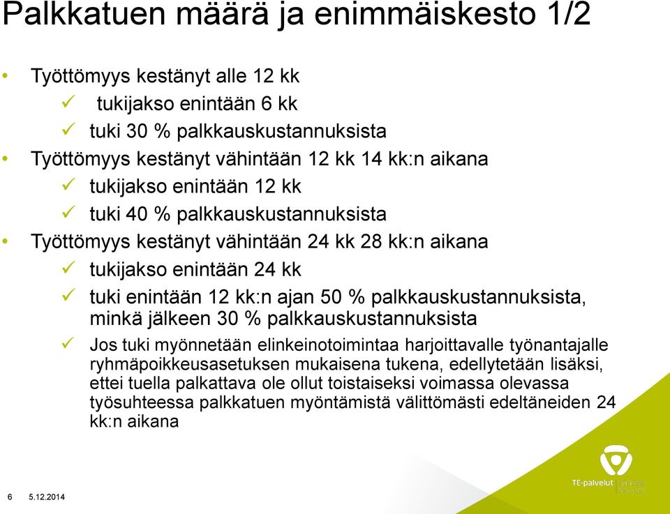 palkkauskustannuksista, minkä jälkeen 30 % palkkauskustannuksista Jos tuki myönnetään elinkeinotoimintaa harjoittavalle työnantajalle ryhmäpoikkeusasetuksen mukaisena