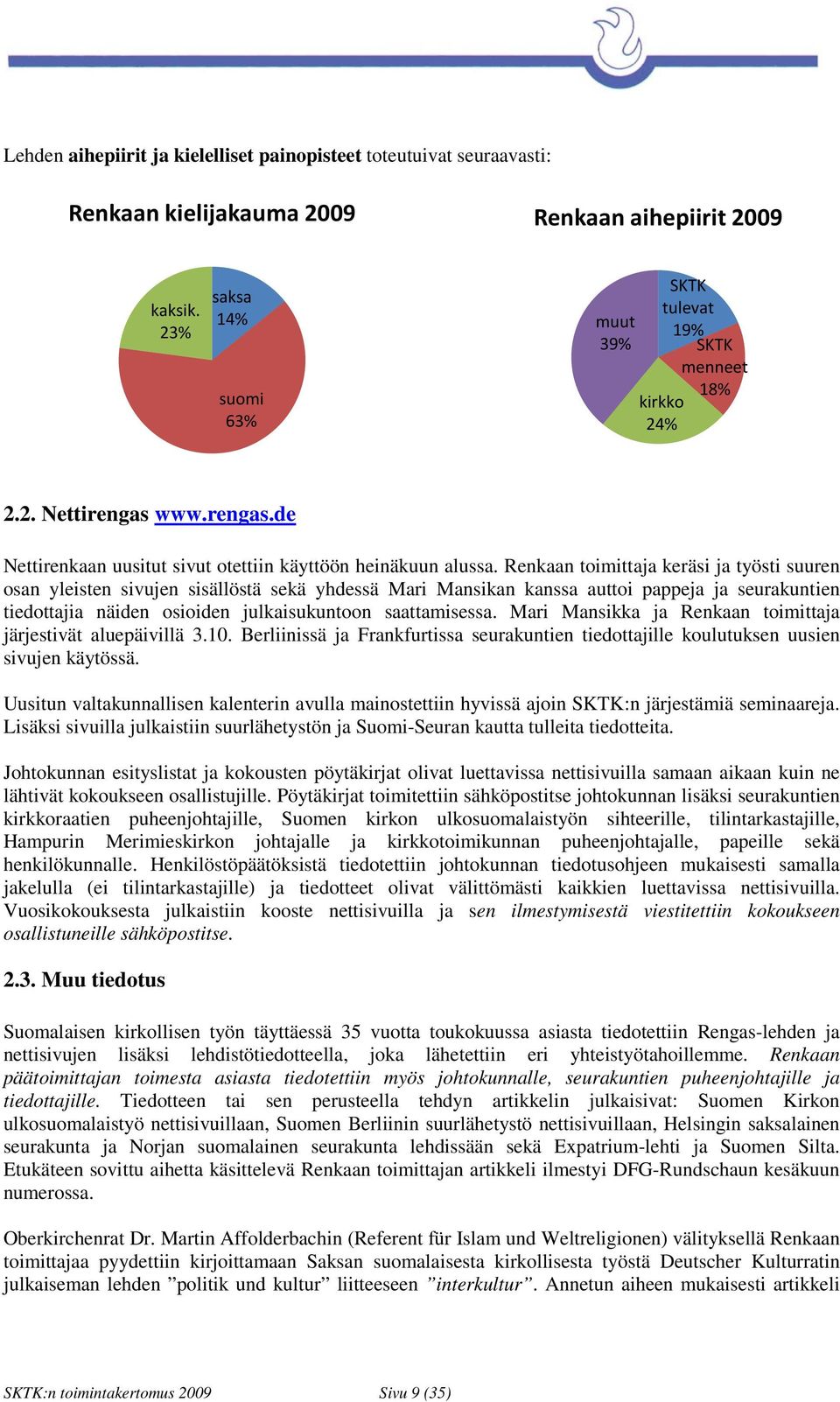 Renkaan toimittaja keräsi ja työsti suuren osan yleisten sivujen sisällöstä sekä yhdessä Mari Mansikan kanssa auttoi pappeja ja seurakuntien tiedottajia näiden osioiden julkaisukuntoon saattamisessa.