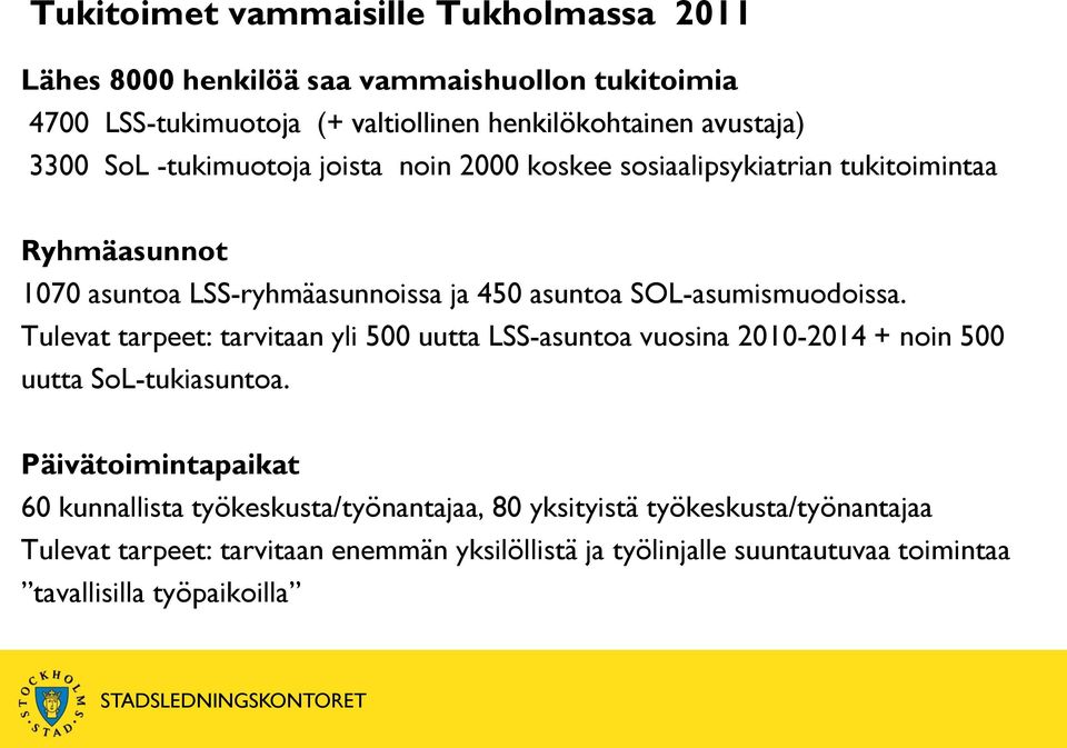 SOL-asumismuodoissa. Tulevat tarpeet: tarvitaan yli 500 uutta LSS-asuntoa vuosina 2010-2014 + noin 500 uutta SoL-tukiasuntoa.