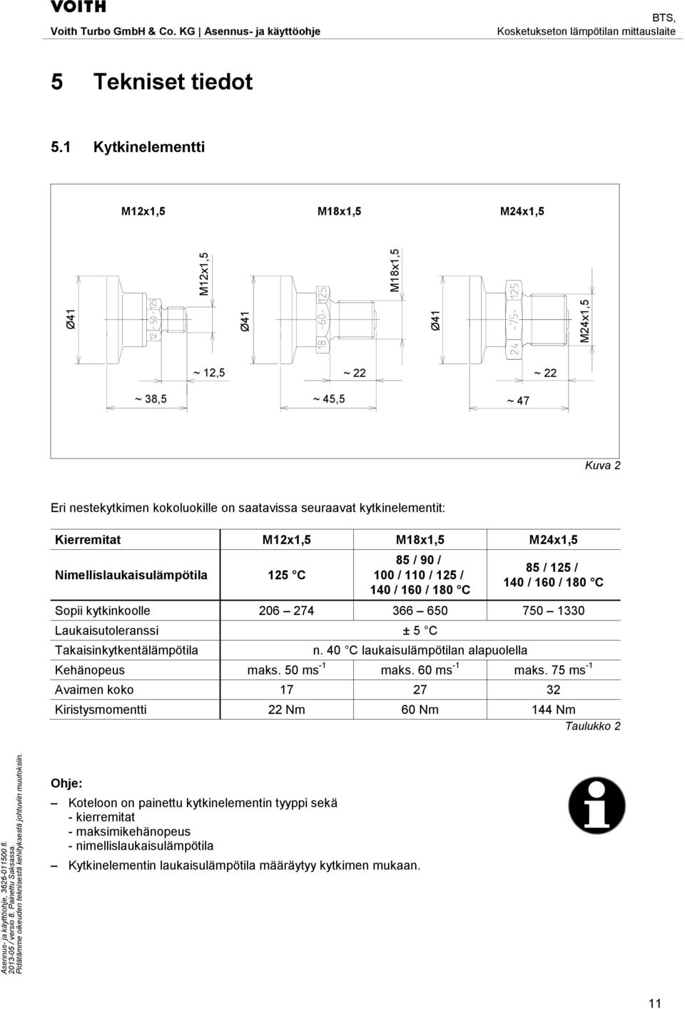 Nimellislaukaisulämpötila 125 C 85 / 90 / 100 / 110 / 125 / 140 / 160 / 180 C 85 / 125 / 140 / 160 / 180 C Sopii kytkinkoolle 206 274 366 650 750 1330 Laukaisutoleranssi ± 5 C