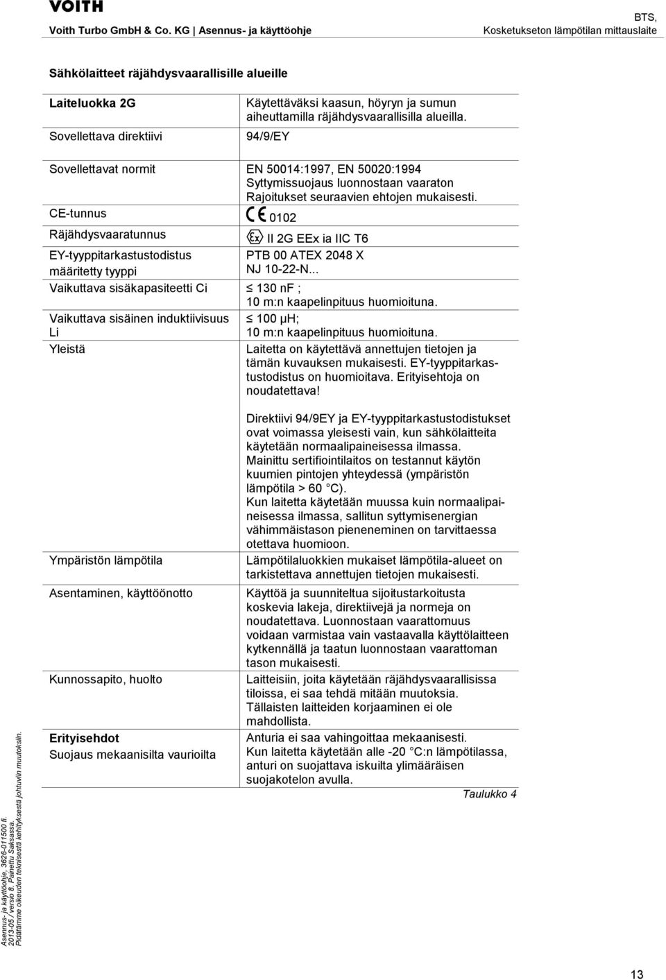 CE-tunnus 0102 Räjähdysvaaratunnus II 2G EEx ia IIC T6 EY-tyyppitarkastustodistus PTB 00 ATEX 2048 X määritetty tyyppi NJ 10-22-N.