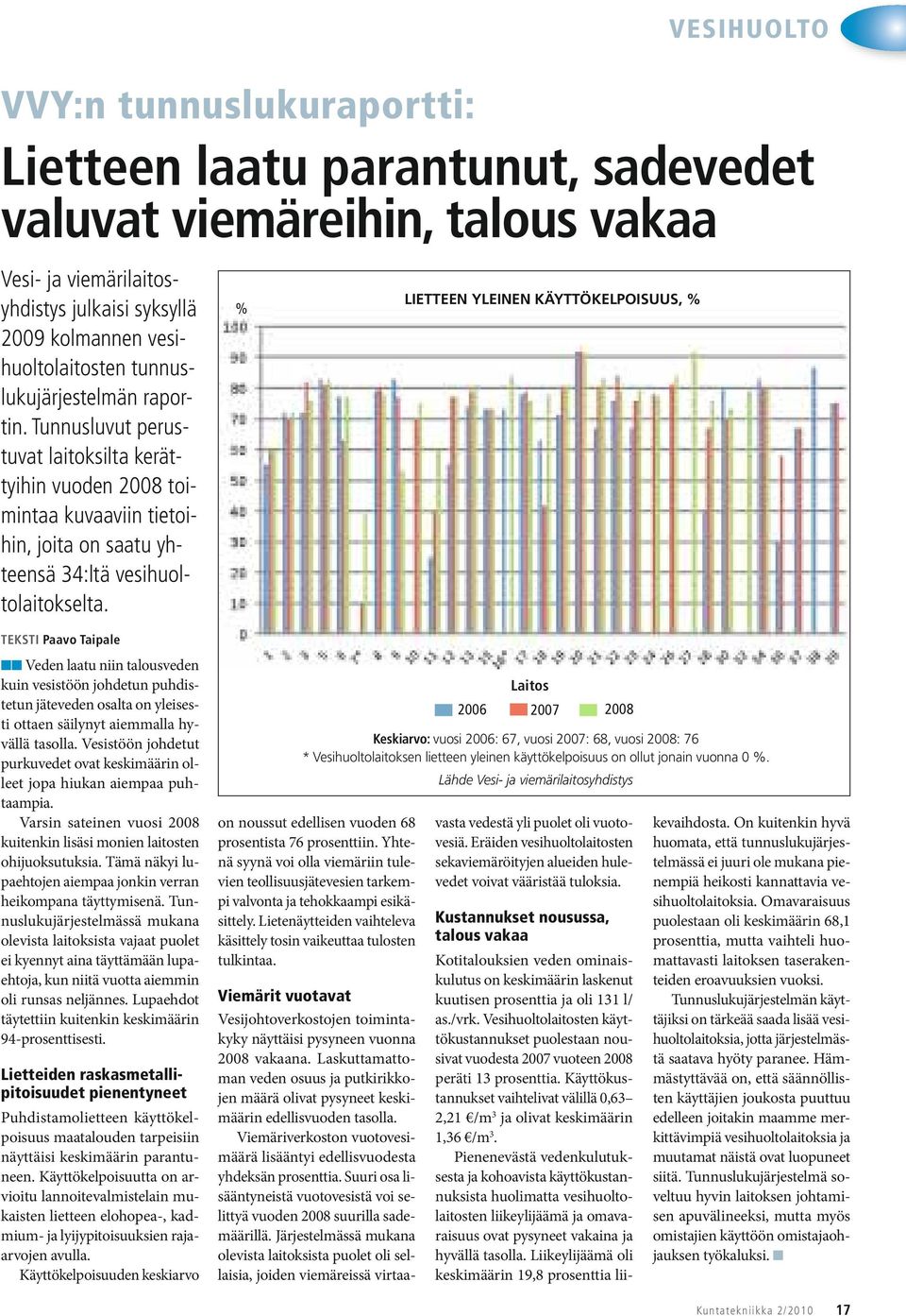 % LIETTEEN YLEINEN KÄYTTÖKELPOISUUS, % TEKSTI Paavo Taipale Veden laatu niin talousveden kuin vesistöön johdetun puhdistetun jäteveden osalta on yleisesti ottaen säilynyt aiemmalla hyvällä tasolla.