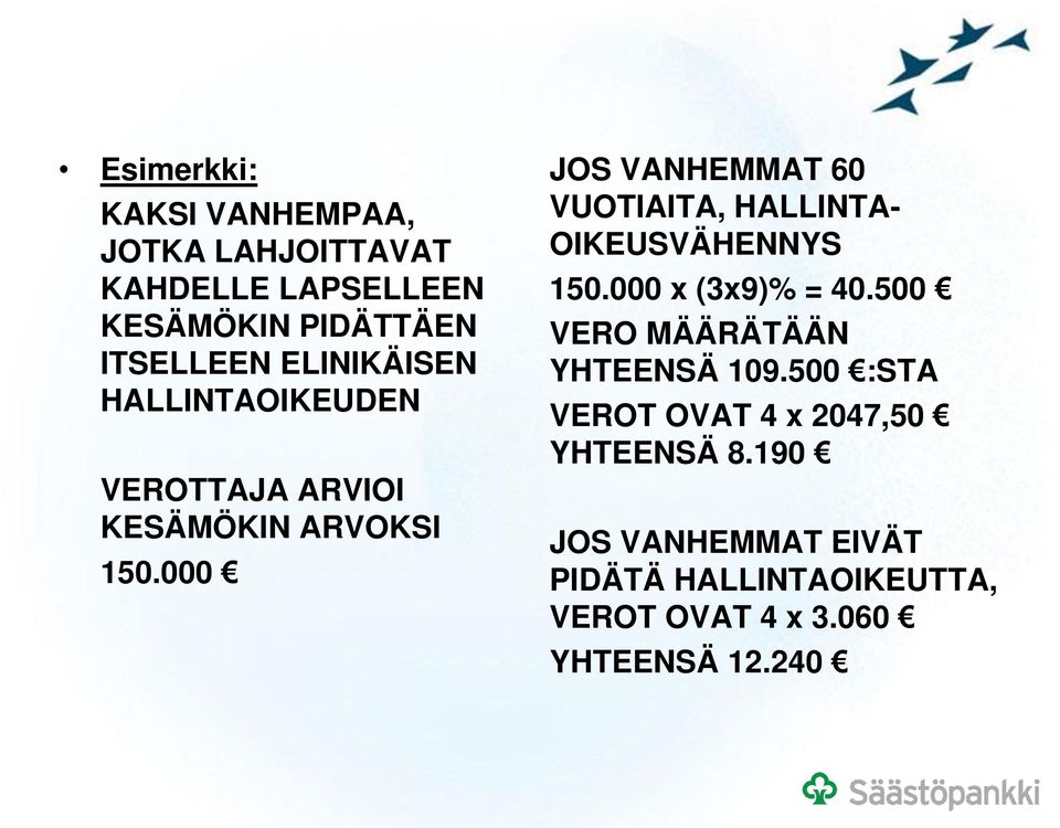 000 JOS VANHEMMAT 60 VUOTIAITA, HALLINTA- OIKEUSVÄHENNYS 150.000 x (3x9)% = 40.