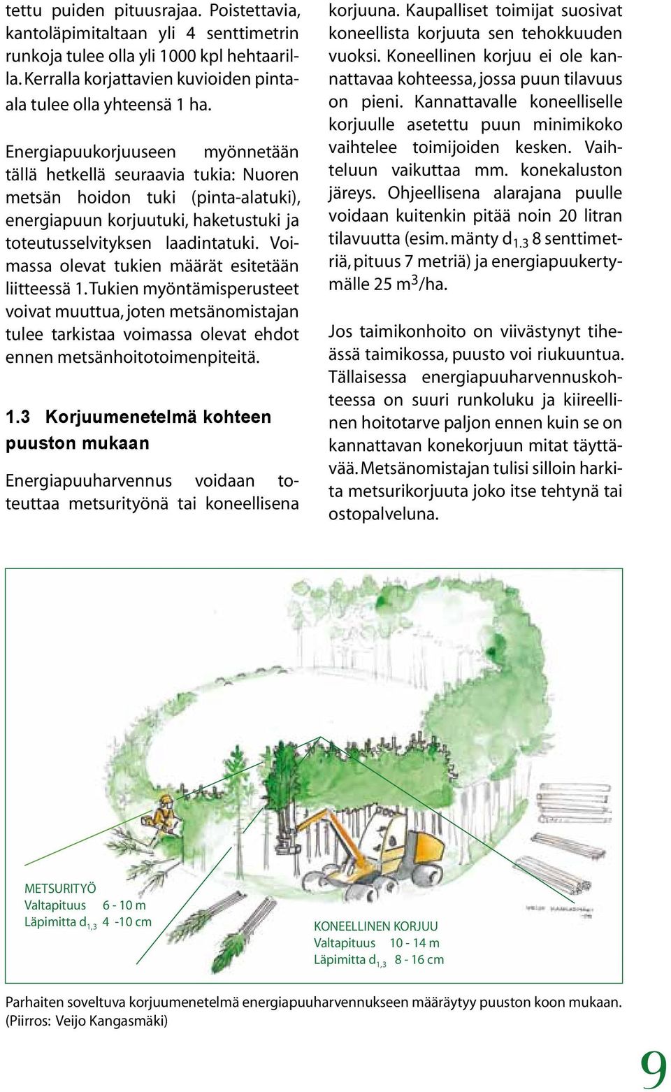 Voimassa olevat tukien määrät esitetään liitteessä 1. Tukien myöntämisperusteet voivat muuttua, joten metsänomistajan tulee tarkistaa voimassa olevat ehdot ennen metsänhoitotoimenpiteitä. 1.3 Korjuumenetelmä kohteen puuston mukaan Energiapuuharvennus voidaan toteuttaa metsurityönä tai koneellisena korjuuna.