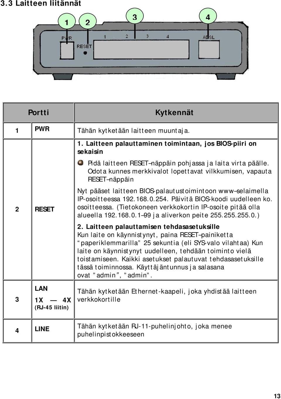 Odota kunnes merkkivalot lopettavat vilkkumisen, vapauta RESET näppäin Nyt pääset laitteen BIOS-palautustoimintoon www selaimella IP-osoitteessa 192.168.0.254. Päivitä BIOS-koodi uudelleen ko.