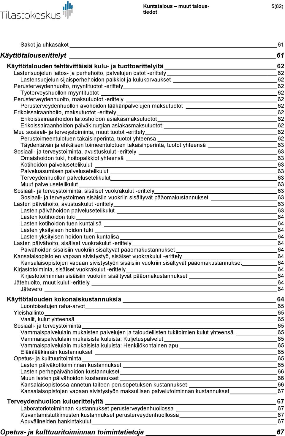 avohoidon lääkäripalvelujen maksutuotot 62 Erikoissairaanhoito, maksutuotot -erittely 62 Erikoissairaanhoidon laitoshoidon asiakasmaksutuotot 62 Erikoissairaanhoidon päiväkirurgian asiakasmaksutuotot