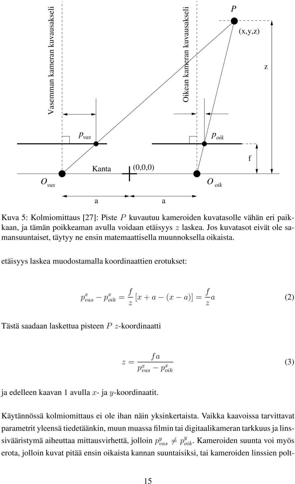 etäisyys laskea muodostamalla koordinaattien erotukset: p x vas p x oik = f z [x + a (x a)] = f z a (2) Tästä saadaan laskettua pisteen P z-koordinaatti z = fa p x vas px oik (3) ja edelleen kaavan 1