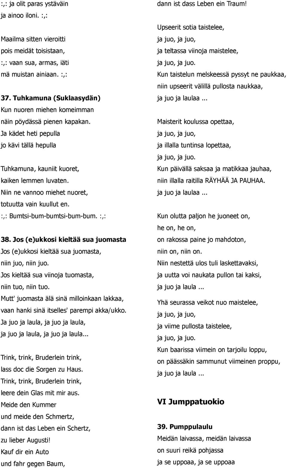 Niin ne vannoo miehet nuoret, totuutta vain kuullut en. :,: Bumtsi-bum-bumtsi-bum-bum. :,: 38. Jos (e)ukkosi kieltää sua juomasta Jos (e)ukkosi kieltää sua juomasta, niin juo, niin juo.