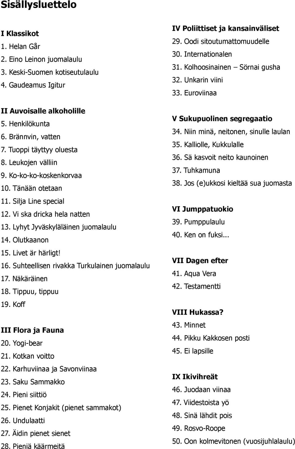 Livet är härligt! 16. Suhteellisen rivakka Turkulainen juomalaulu 17. Näkäräinen 18. Tippuu, tippuu 19. Koff III Flora ja Fauna 20. Yogi-bear 21. Kotkan voitto 22. Karhuviinaa ja Savonviinaa 23.