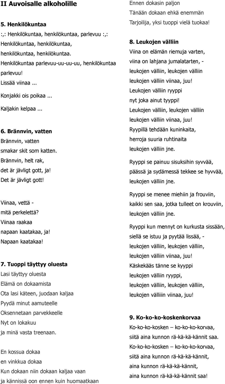 Brännvin, helt rak, det är jävligt gott, ja! Det är jävligt gott! Viinaa, vettä - mitä perkelettä? Viinaa raakaa napaan kaatakaa, ja! Napaan kaatakaa! 7.