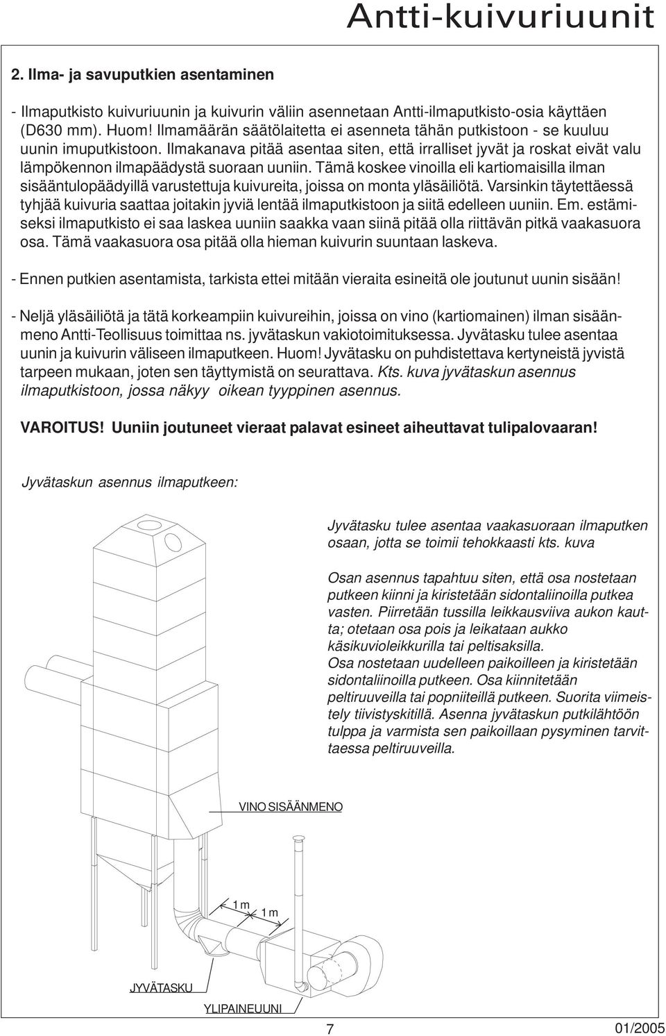 Ilmakanava pitää asentaa siten, että irralliset jyvät ja roskat eivät valu lämpökennon ilmapäädystä suoraan uuniin.