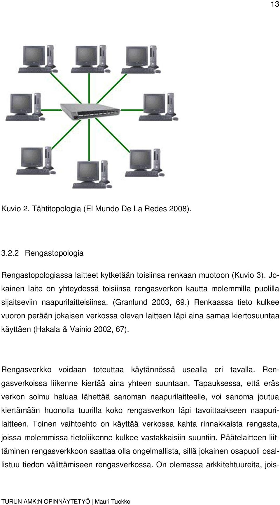 ) Renkaassa tieto kulkee vuoron perään jokaisen verkossa olevan laitteen läpi aina samaa kiertosuuntaa käyttäen (Hakala & Vainio 2002, 67).