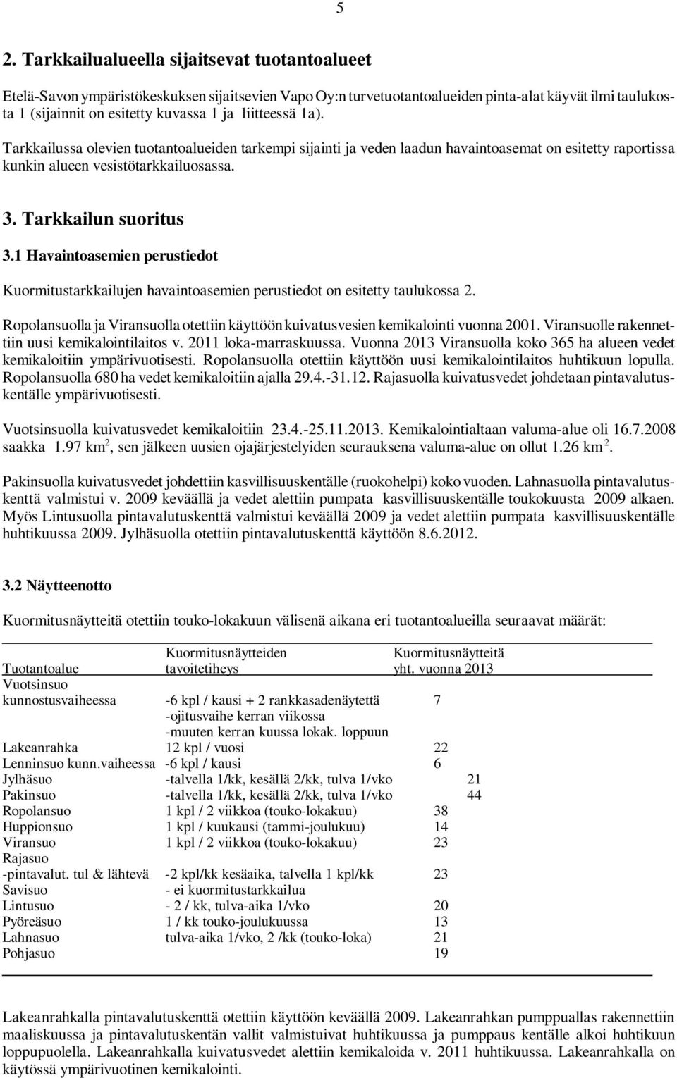 1 Havaintoasemien perustiedot Kuormitustarkkailujen havaintoasemien perustiedot on esitetty taulukossa 2. Ropolansuolla ja Viransuolla otettiin käyttöön kuivatusvesien kemikalointi vuonna 21.