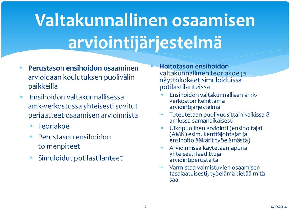 potilastilanteissa Ensihoidon valtakunnallisen amkverkoston kehittämä arviointijärjestelmä Toteutetaan puolivuosittain kaikissa 8 amk:ssa samanaikaisesti Ulkopuolinen arviointi (ensihoitajat