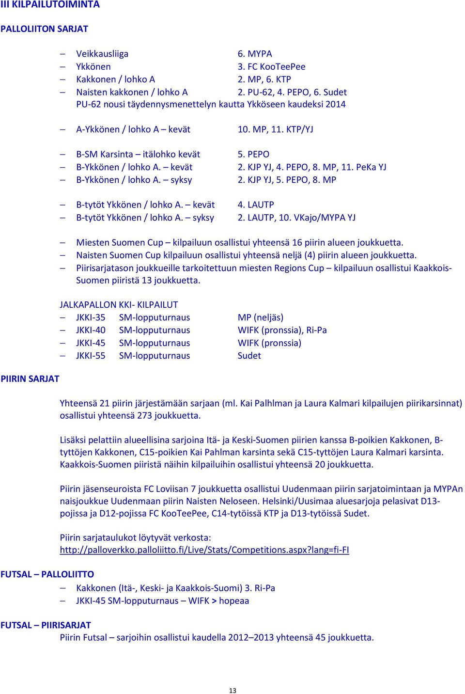 kevät B-tytöt Ykkönen / lohko A. syksy 10. MP, 11. KTP/YJ 5. PEPO 2. KJP YJ, 4. PEPO, 8. MP, 11. PeKa YJ 2. KJP YJ, 5. PEPO, 8. MP 4. LAUTP 2. LAUTP, 10.