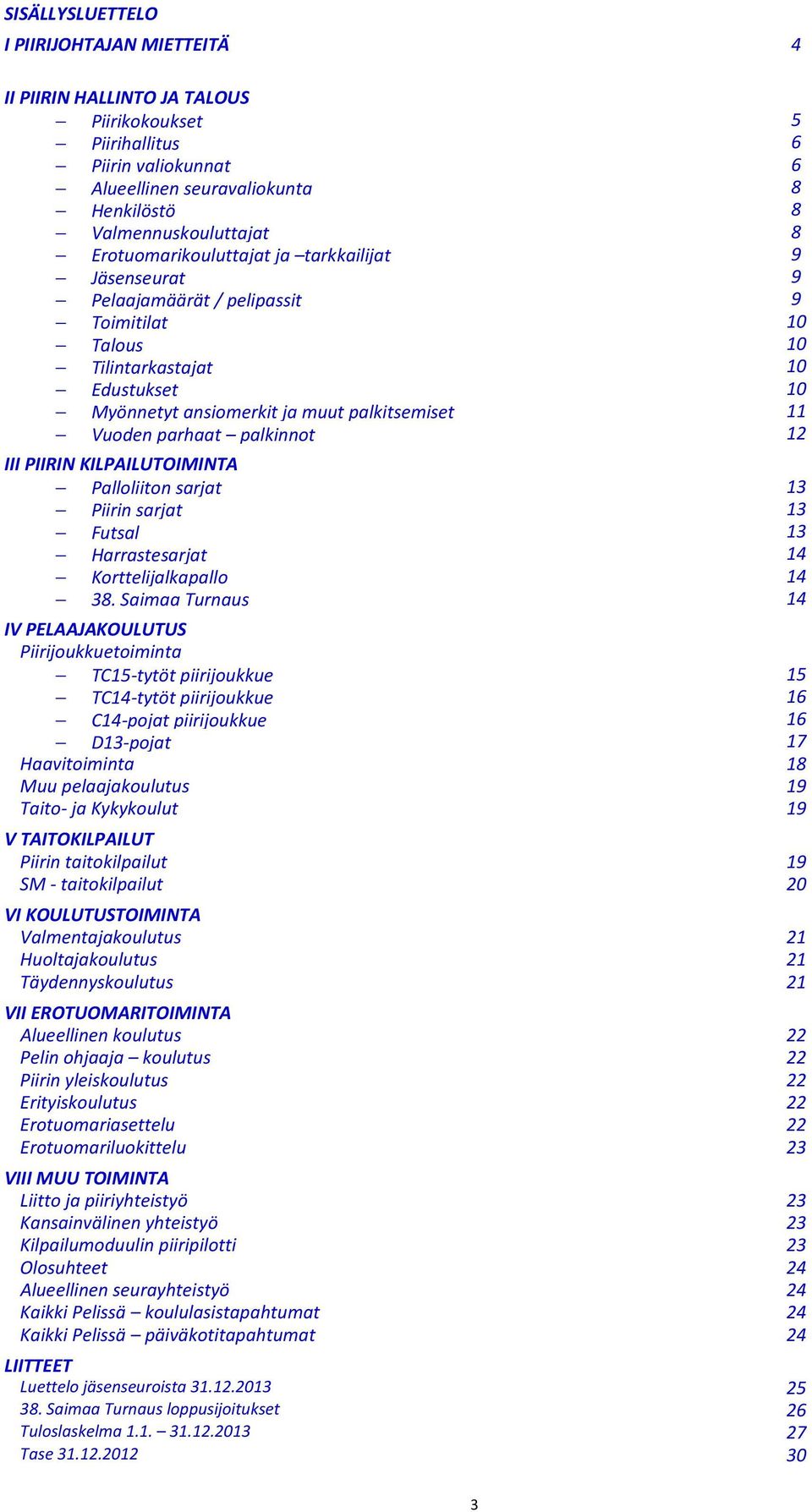 parhaat palkinnot 12 III PIIRIN KILPAILUTOIMINTA Palloliiton sarjat 13 Piirin sarjat 13 Futsal 13 Harrastesarjat 14 Korttelijalkapallo 14 38.