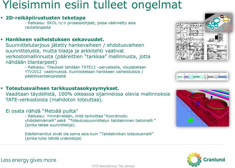 Ratkaisu: Tilaukset tehdään TATE12 perusteella, noudatetaan YTV2012 vaatimuksia. Kunnioitetaan hankkeen vaiheistuksia / päätöksentekopisteitä Toteutusvaiheen tarkkuustasokysymykset.