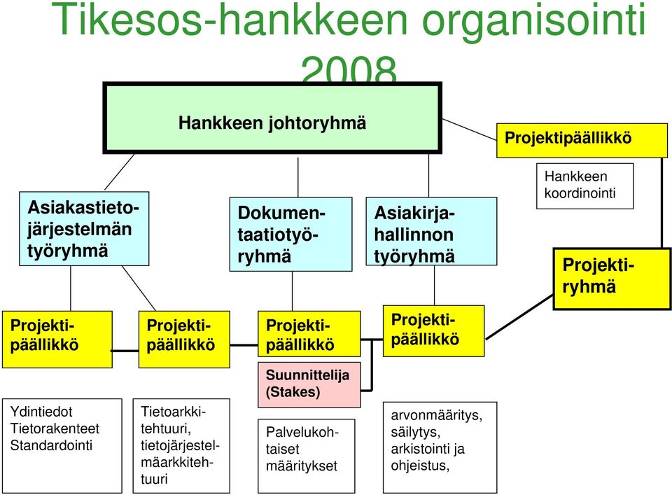 Projektipäällikkö Projektipäällikkö Projektipäällikkö Ydintiedot Tietorakenteet Standardointi Tietoarkkitehtuuri,