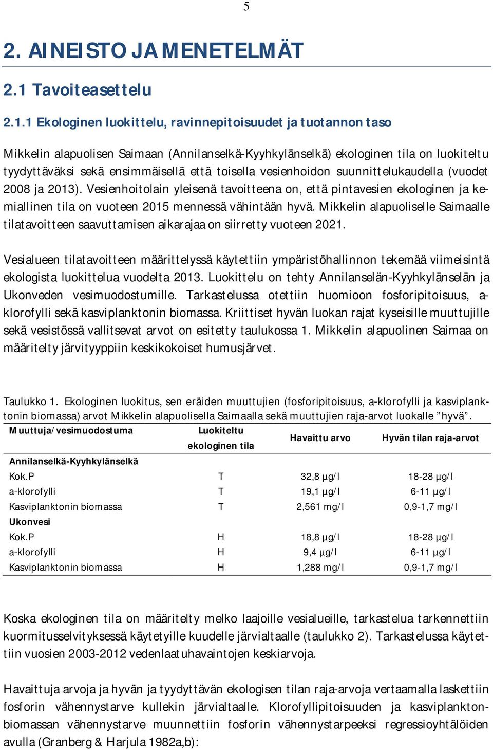 1 Ekologinen luokittelu, ravinnepitoisuudet ja tuotannon taso Mikkelin alapuolisen Saimaan (Annilanselkä-Kyyhkylänselkä) ekologinen tila on luokiteltu tyydyttäväksi sekä ensimmäisellä että toisella