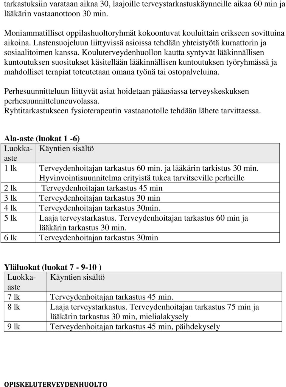 Kouluterveydenhuollon kautta syntyvät lääkinnällisen kuntoutuksen suositukset käsitellään lääkinnällisen kuntoutuksen työryhmässä ja mahdolliset terapiat toteutetaan omana työnä tai ostopalveluina.