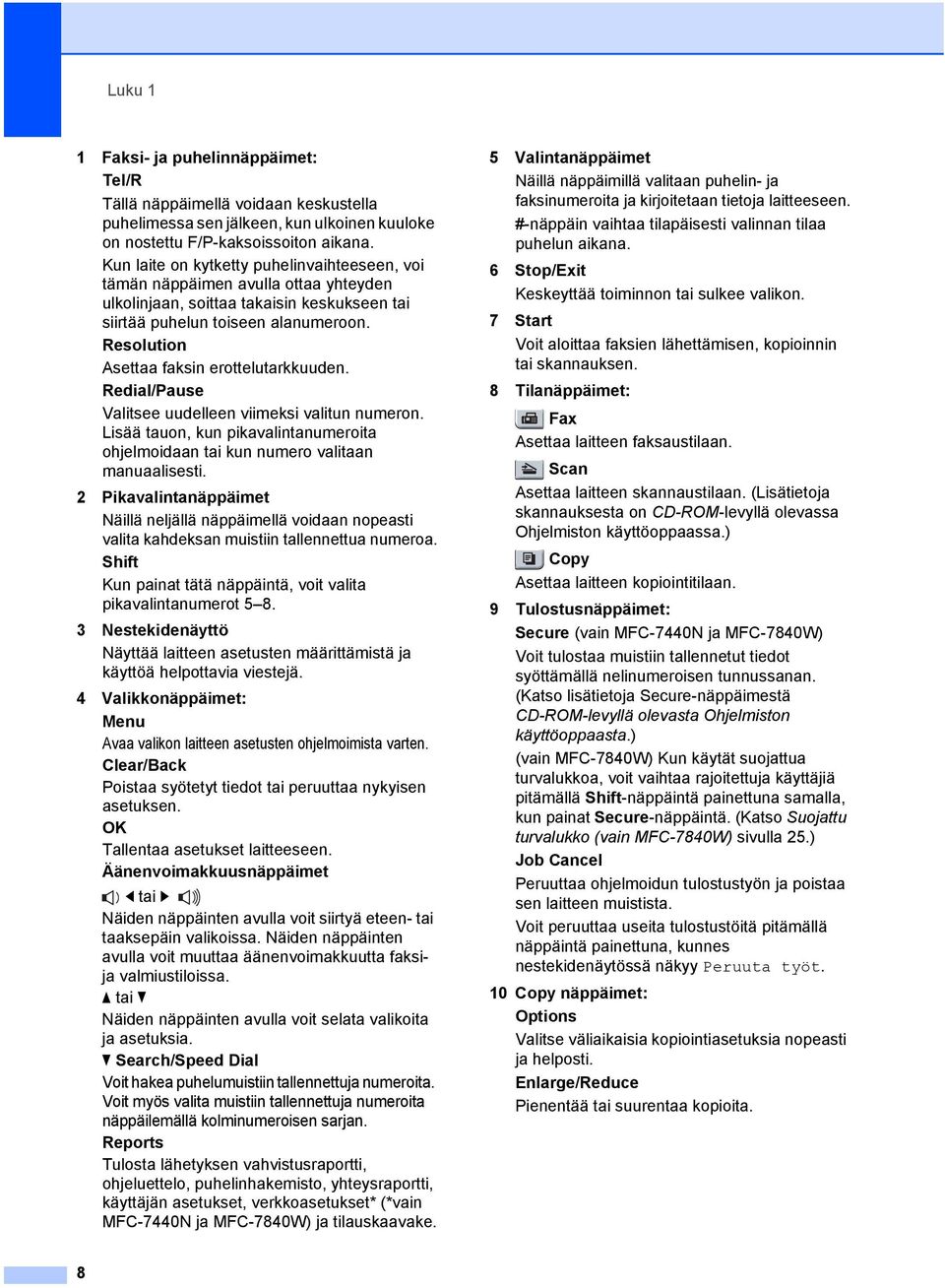 Resolution Asettaa faksin erottelutarkkuuden. Redial/Pause Valitsee uudelleen viimeksi valitun numeron. Lisää tauon, kun pikavalintanumeroita ohjelmoidaan tai kun numero valitaan manuaalisesti.