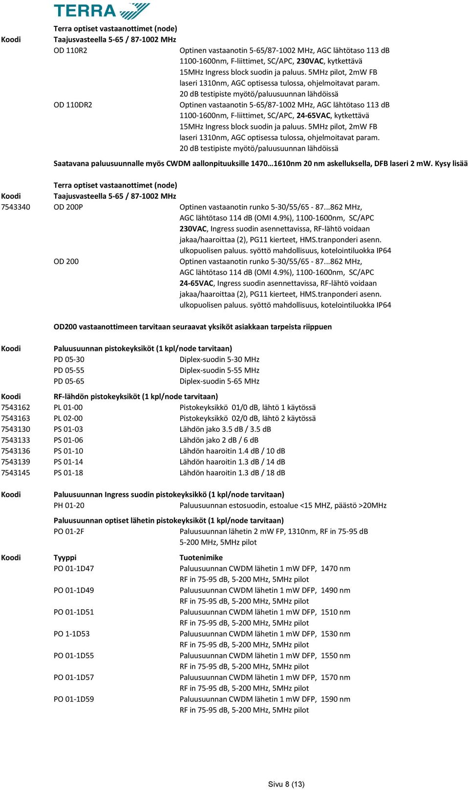20 db testipiste myötö/paluusuunnan lähdöissä OD 110DR2 Optinen vastaanotin 5-65/87-1002 MHz, AGC lähtötaso 113 db 1100-1600nm, F-liittimet, SC/APC, 24-65VAC, kytkettävä 15MHz  20 db testipiste