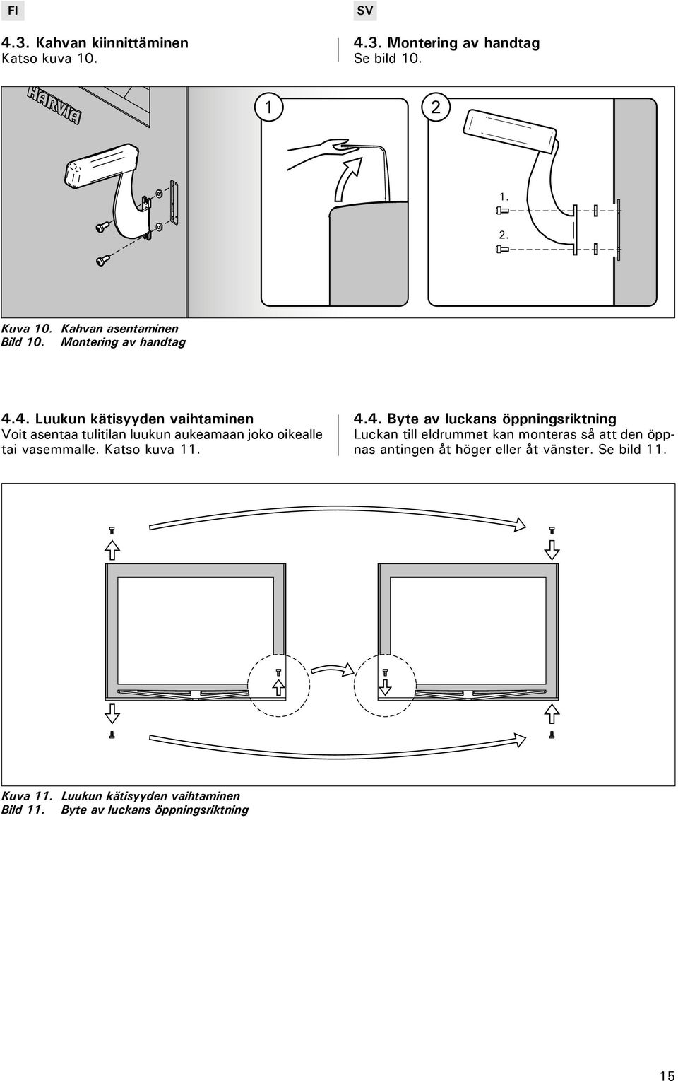 4. Luukun kätisyyden vaihtaminen Voit asentaa tulitilan luukun aukeamaan joko oikealle tai vasemmalle. Katso kuva 11. 4.4. Byte av luckans öppningsriktning Luckan till eldrummet kan monteras så att den öppnas antingen åt höger eller åt vänster.