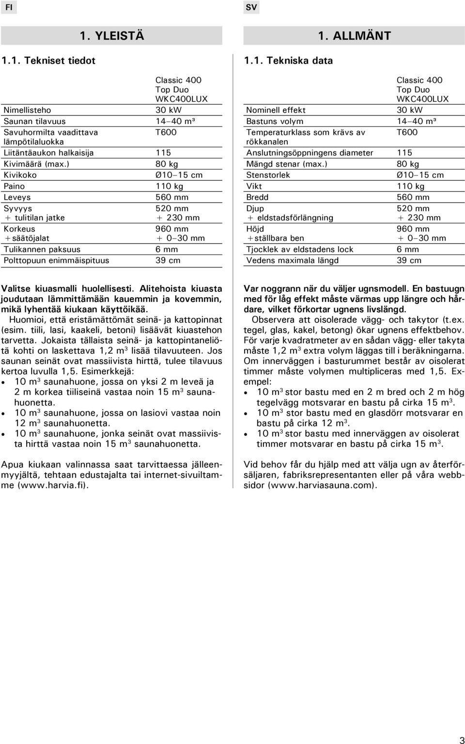 ALLMÄNT lassic 400 Top Duo WK400LUX Nominell effekt 30 kw Bastuns volym 14 40 m³ Temperaturklass som krävs av T600 rökkanalen Anslutningsöppningens diameter 115 Mängd stenar (max.