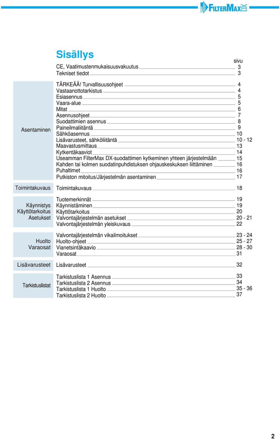 Useamman FilterMax DX-suodattimen kytkeminen yhteen järjestelmään Kahden tai kolmen suodatinpuhdistuksen ohjauskeskuksen liittäminen Puhaltimet Putkiston mitoitus/järjestelmän asentaminen