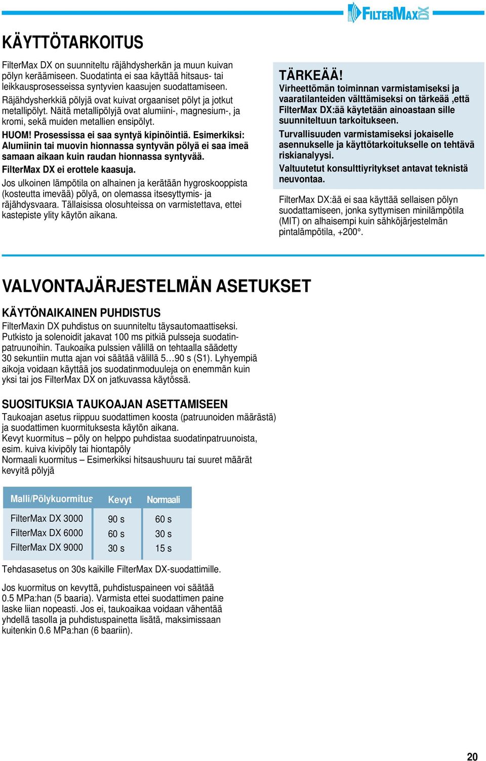 Prosessissa ei saa syntyä kipinöintiä. Esimerkiksi: Alumiinin tai muovin hionnassa syntyvän pölyä ei saa imeä samaan aikaan kuin raudan hionnassa syntyvää. FilterMax DX ei erottele kaasuja.