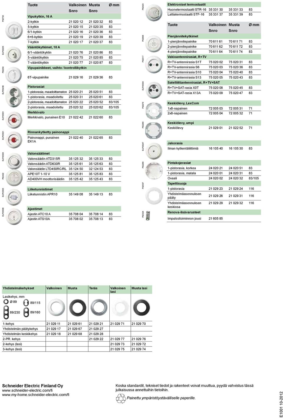 vaihto / kontrollikytkin P92317 P92606 P62423 Elektroniset termostaatit Huonetermostaatti STR-16 35 331 30 35 331 33 83 Lattiatermostaatti STF-16 35 331 37 35 331 39 83 Tuote Valkoinen Snro Musta