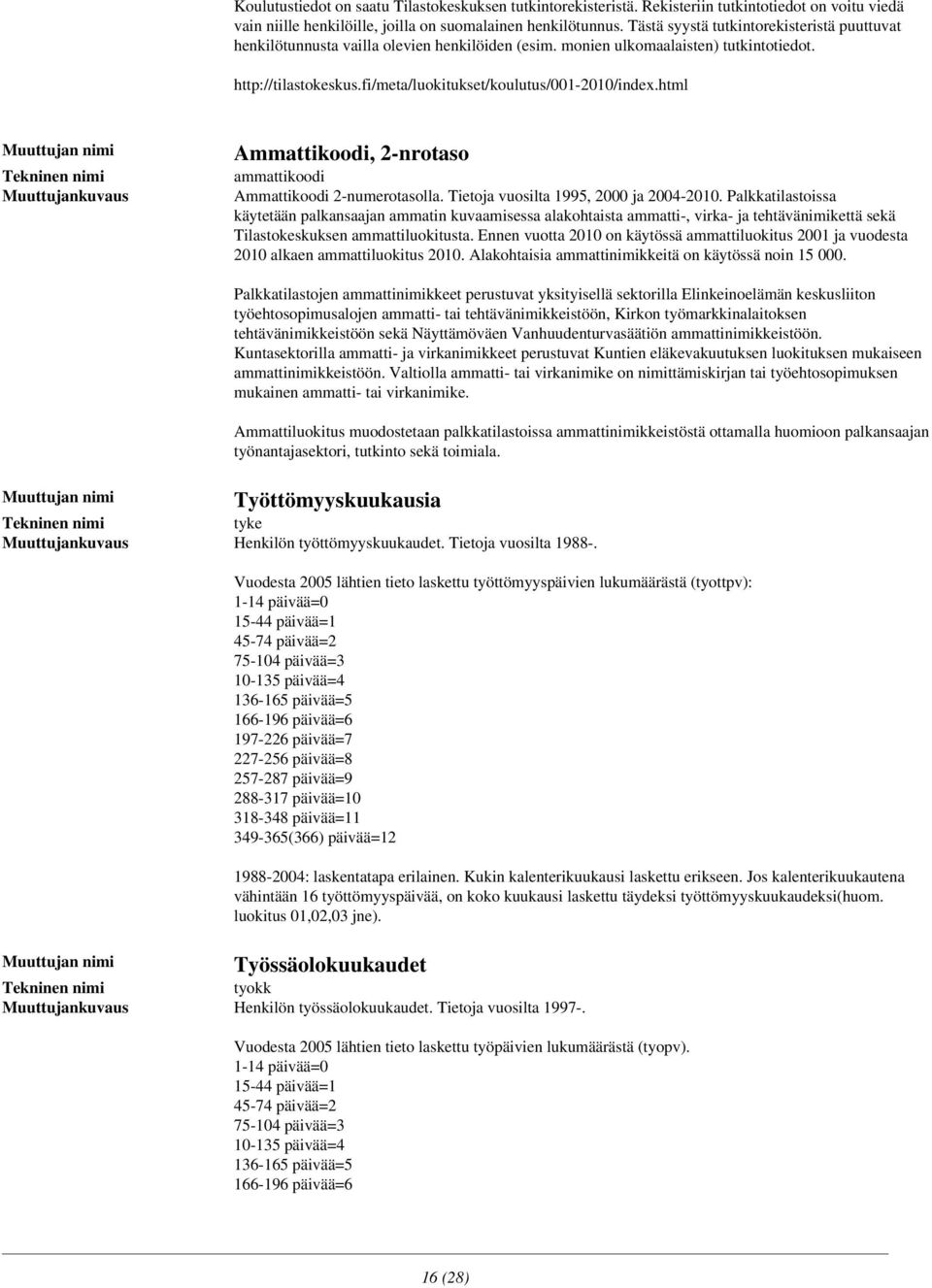html Ammattikoodi, 2-nrotaso ammattikoodi Ammattikoodi 2-numerotasolla. Tietoja vuosilta 1995, 2000 ja 2004-2010.
