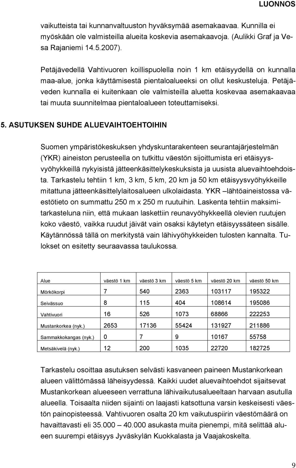 Petäjäveden kunnalla ei kuitenkaan ole valmisteilla aluetta koskevaa asemakaavaa tai muuta suunnitelmaa pientaloalueen toteuttamiseksi. 5.