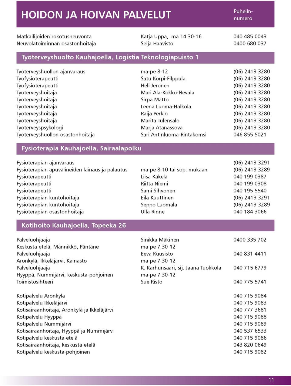 Työfysioterapeutti Satu Korpi-Filppula (06) 2413 3280 Työfysioterapeutti Heli Jeronen (06) 2413 3280 Työterveyshoitaja Mari Ala-Kokko-Nevala (06) 2413 3280 Työterveyshoitaja Sirpa Mättö (06) 2413