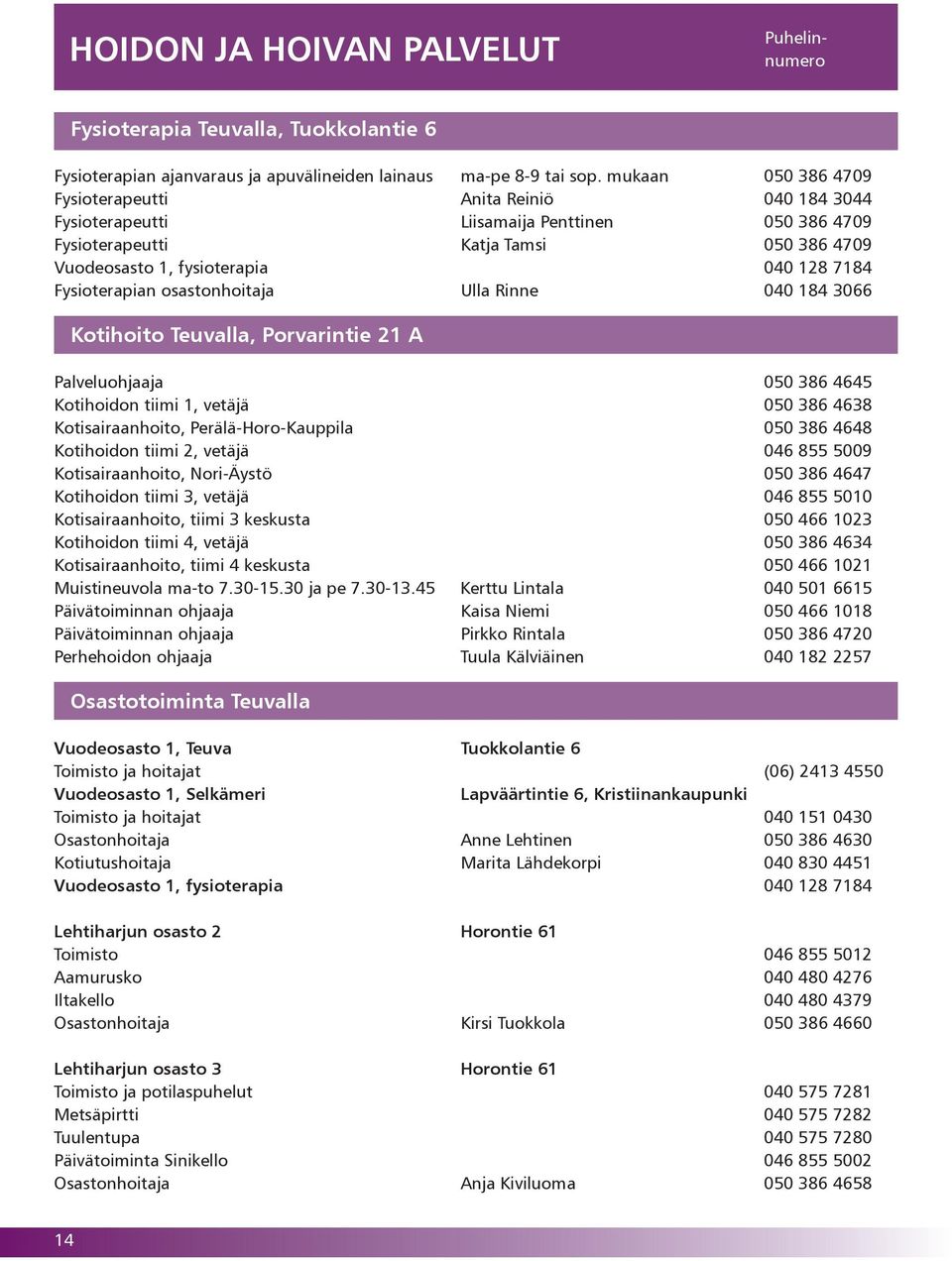 Fysioterapian osastonhoitaja Ulla Rinne 040 184 3066 Kotihoito Teuvalla, Porvarintie 21 A Palveluohjaaja 050 386 4645 Kotihoidon tiimi 1, vetäjä 050 386 4638 Kotisairaanhoito, Perälä-Horo-Kauppila