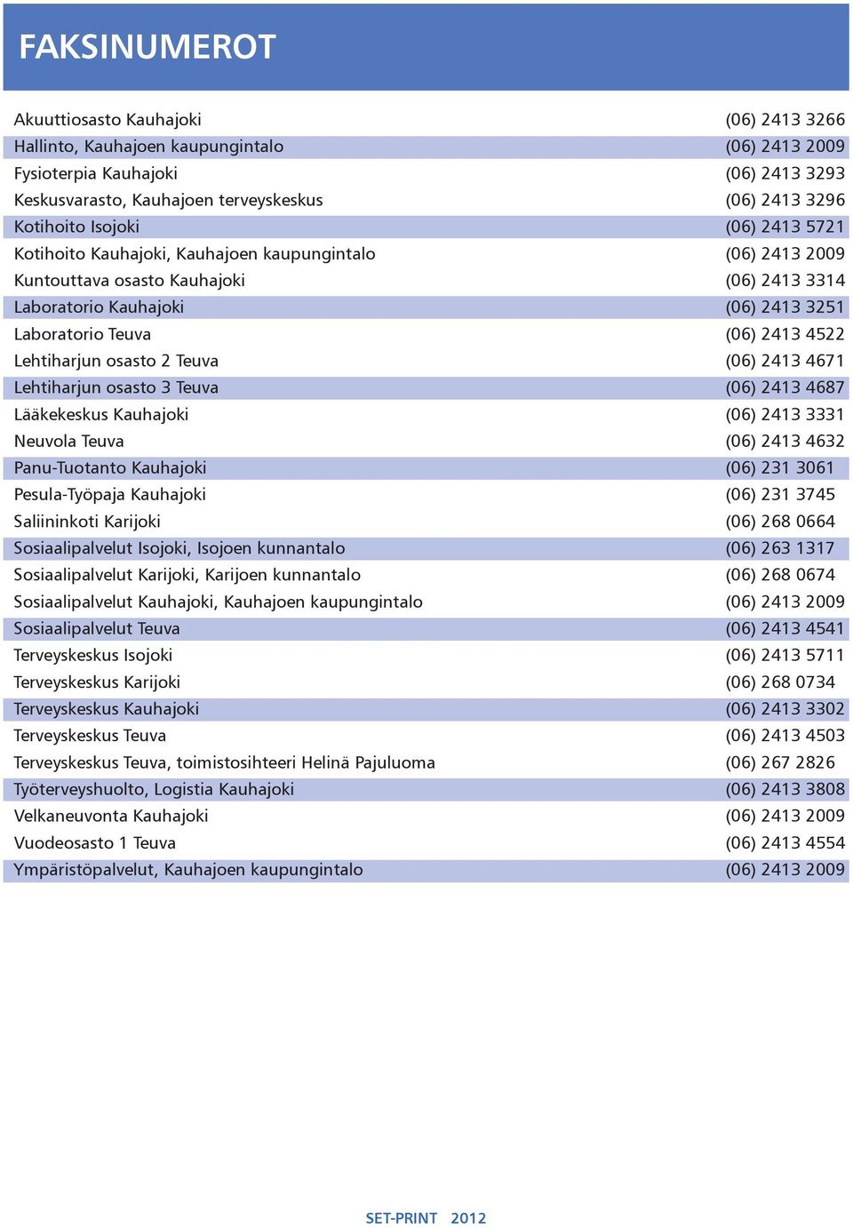 2413 4522 Lehtiharjun osasto 2 Teuva (06) 2413 4671 Lehtiharjun osasto 3 Teuva (06) 2413 4687 Lääkekeskus Kauhajoki (06) 2413 3331 Neuvola Teuva (06) 2413 4632 Panu-Tuotanto Kauhajoki (06) 231 3061