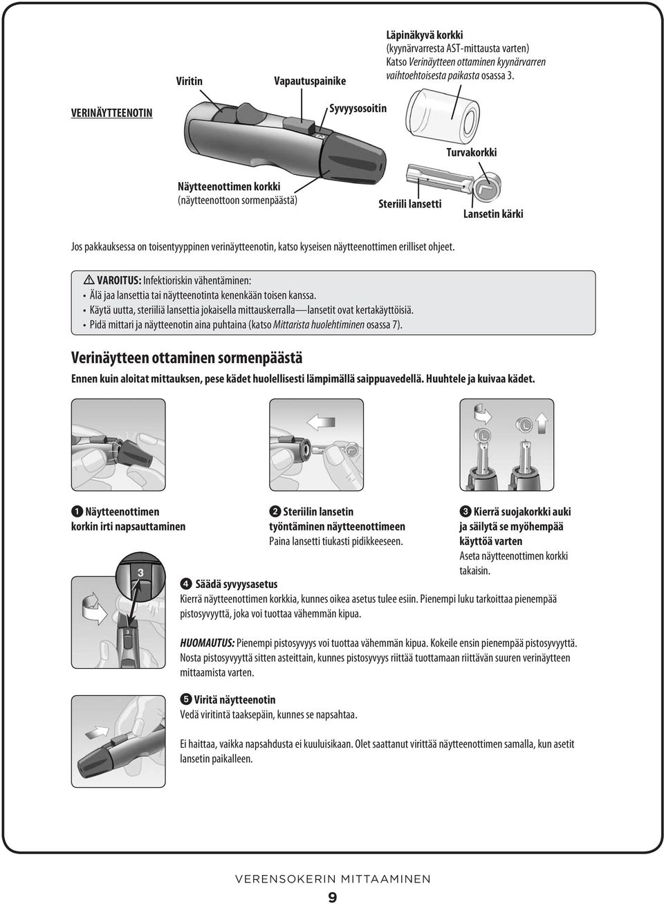 näytteenottimen erilliset ohjeet. VAROITUS: Infektioriskin vähentäminen: Älä jaa lansettia tai näytteenotinta kenenkään toisen kanssa.