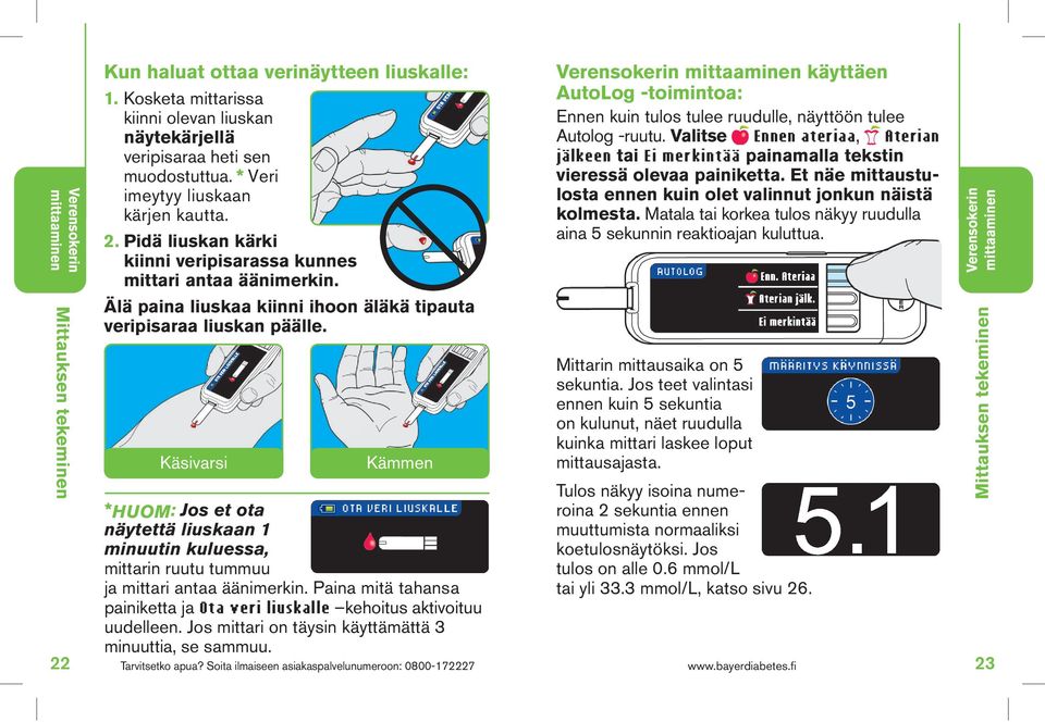 Käsivarsi Kämmen *HUOM: Jos et ota näytettä liuskaan 1 minuutin kuluessa, mittarin ruutu tummuu ja mittari antaa äänimerkin.