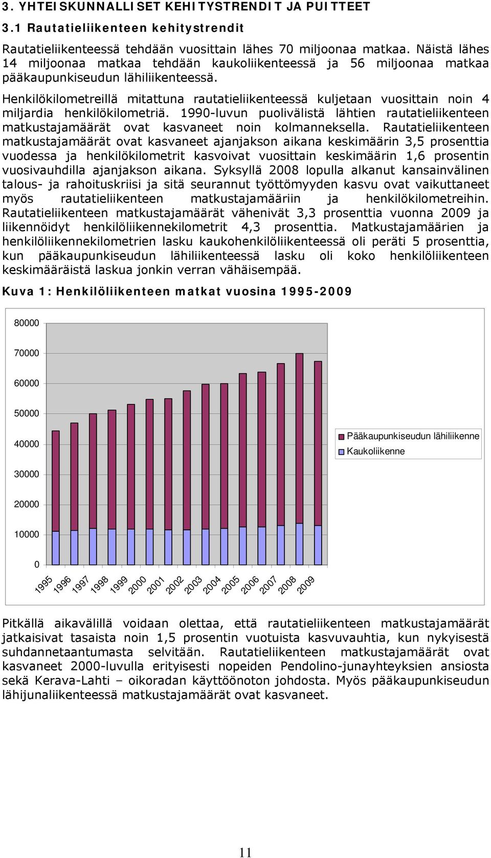 Henkilökilometreillä mitattuna rautatieliikenteessä kuljetaan vuosittain noin 4 miljardia henkilökilometriä.