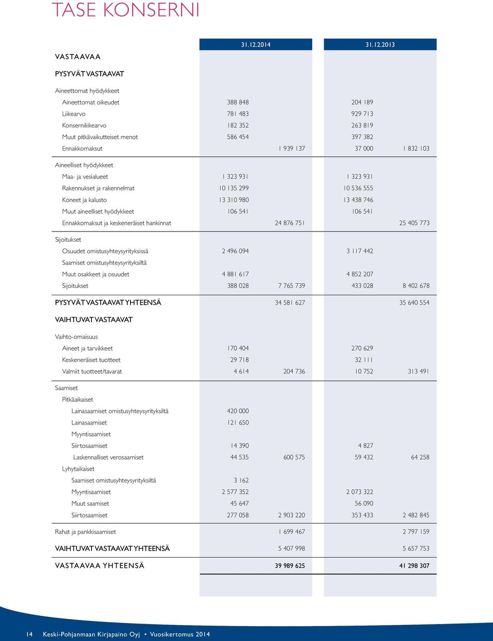 2013 PYSYVÄT VASTAAVAT Aineettomat hyödykkeet Aineettomat oikeudet 388 848 204 189 Liikearvo 781 483 929 713 Konserniliikearvo 182 352 263 819 Muut pitkävaikutteiset menot 586 454 397 382