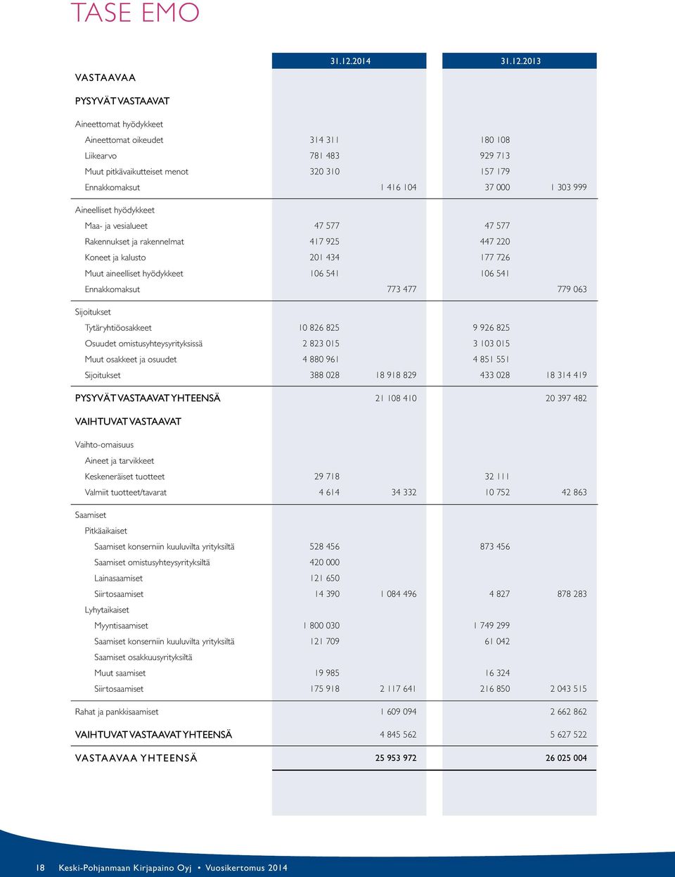 2013 PYSYVÄT VASTAAVAT Aineettomat hyödykkeet Aineettomat oikeudet 314 311 180 108 Liikearvo 781 483 929 713 Muut pitkävaikutteiset menot 320 310 157 179 Ennakkomaksut 1 416 104 37 000 1 303 999