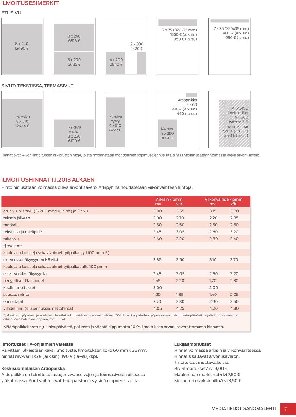 palstat 3-8 pmm-hinta 3,20 (arkisin) 3,40 (la-su) Hinnat ovat 4-väri-ilmoitusten arkibruttohintoja, joista myönnetään mahdollinen sopimusalennus, kts. s. 9.