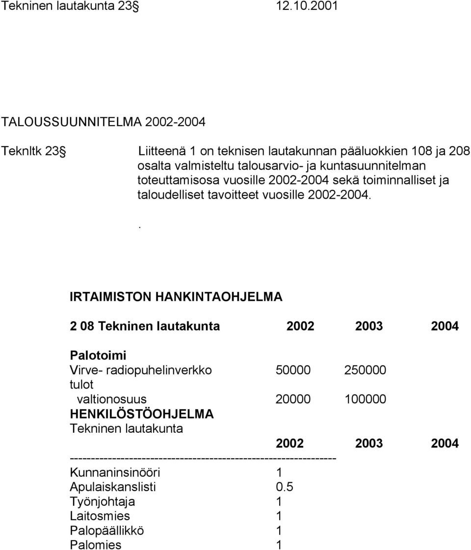 toteuttamisosa vuosille 2002-2004 sekä toiminnalliset ja taloudelliset tavoitteet vuosille 2002-2004.