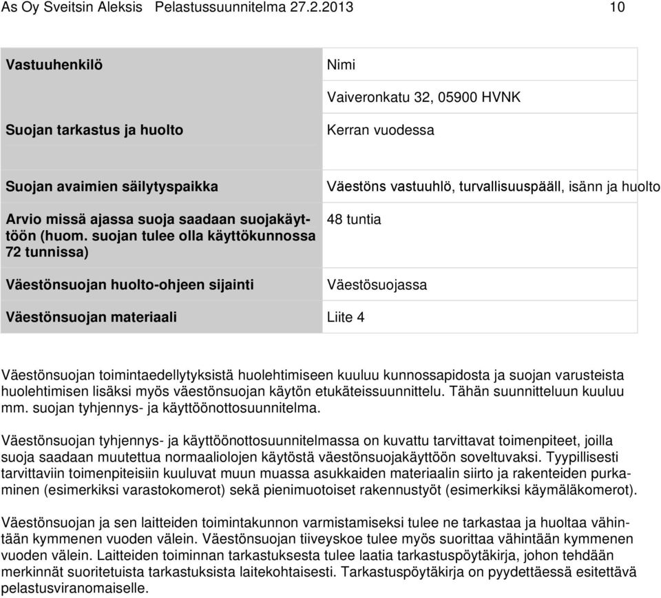 suojan tulee olla käyttökunnossa 72 tunnissa) Väestönsuojan huolto-ohjeen sijainti Väestöns vastuuhlö, turvallisuuspääll, isänn ja huolto 48 tuntia Väestösuojassa Väestönsuojan materiaali Liite 4