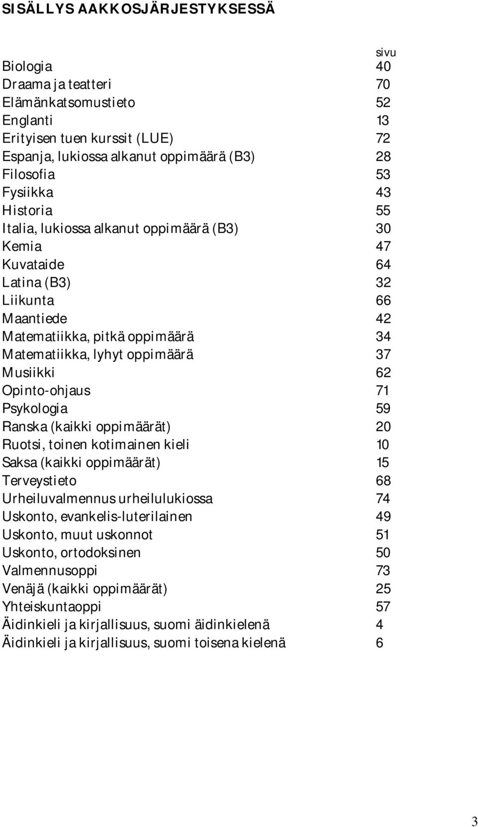 Musiikki 62 Opinto-ohjaus 71 Psykologia 59 Ranska (kaikki oppimäärät) 20 Ruotsi, toinen kotimainen kieli 10 Saksa (kaikki oppimäärät) 15 Terveystieto 68 Urheiluvalmennus urheilulukiossa 74 Uskonto,